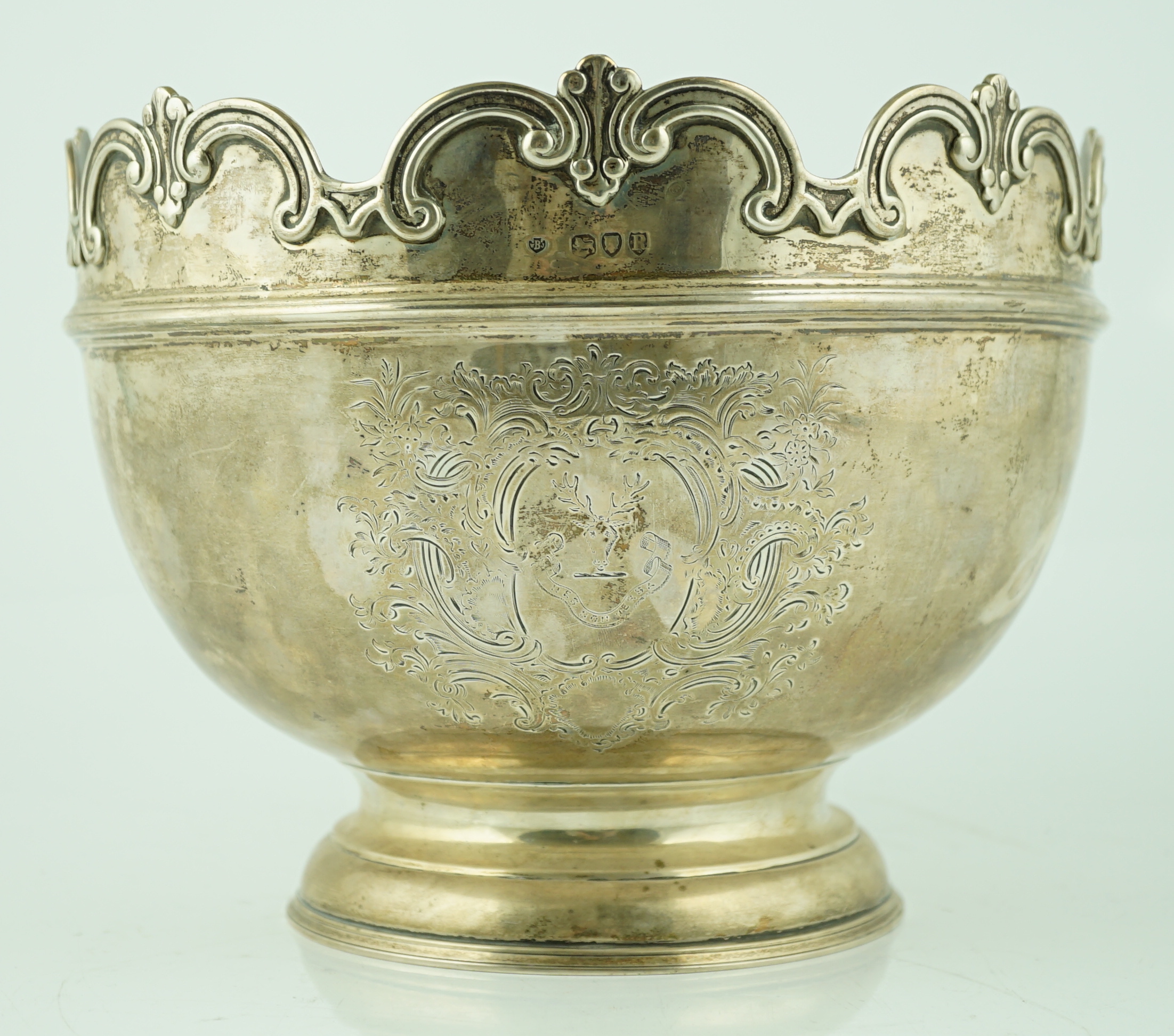 A late Victorian silver presentation Monteith by William & John Barnard, with engraved armorial and inscription related to Surgeon Lieutenant Colonel F.P. Lansdown